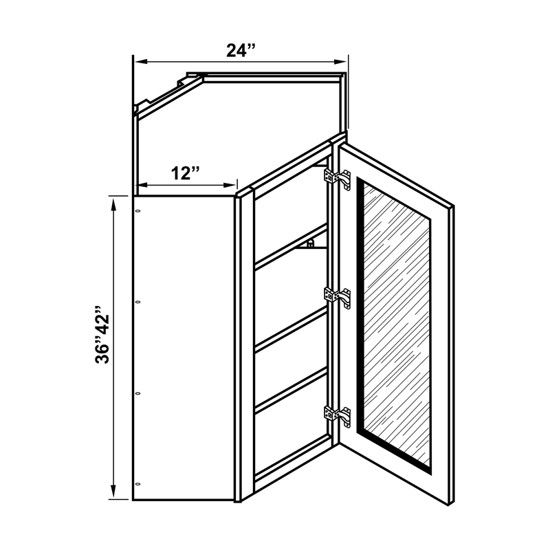Wall Cabinet - 36"H, 42"H Diagonal Corner Single Glass Door